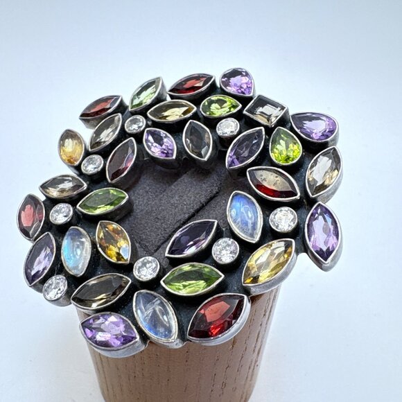 VTG Solid Sterling Silver 925 Multi-Gemstone Circle Brooch Size 1.25" Length - Picture 4 of 13